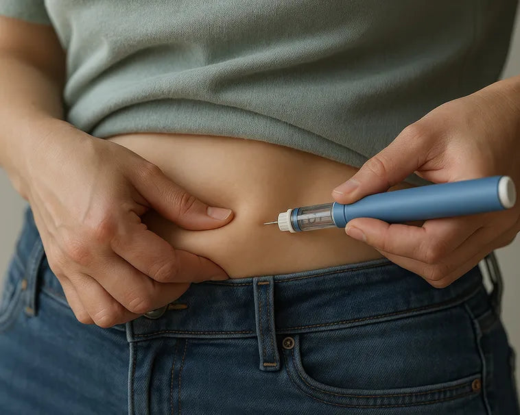 Person holding an injection pen near their abdomen